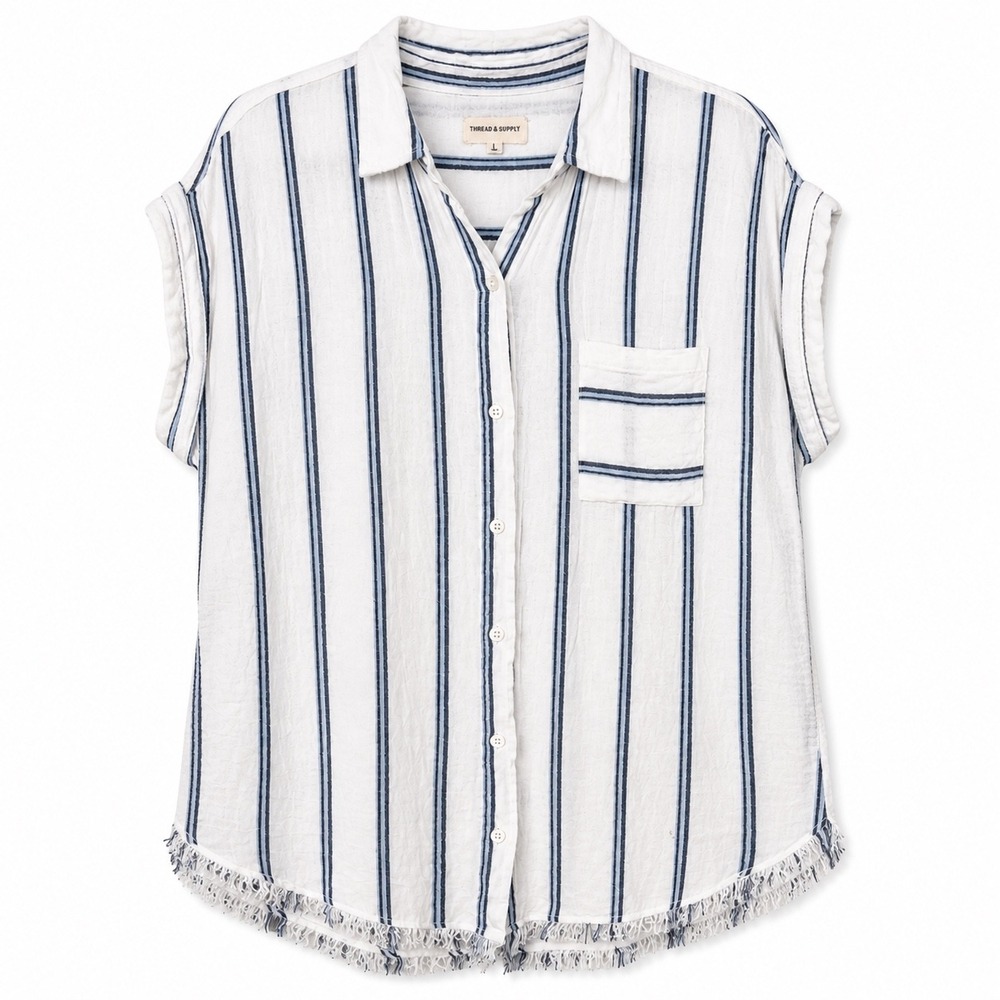 Thread & Supply Linen Blend Top Striped Frayed Hem‎ Coastal Large